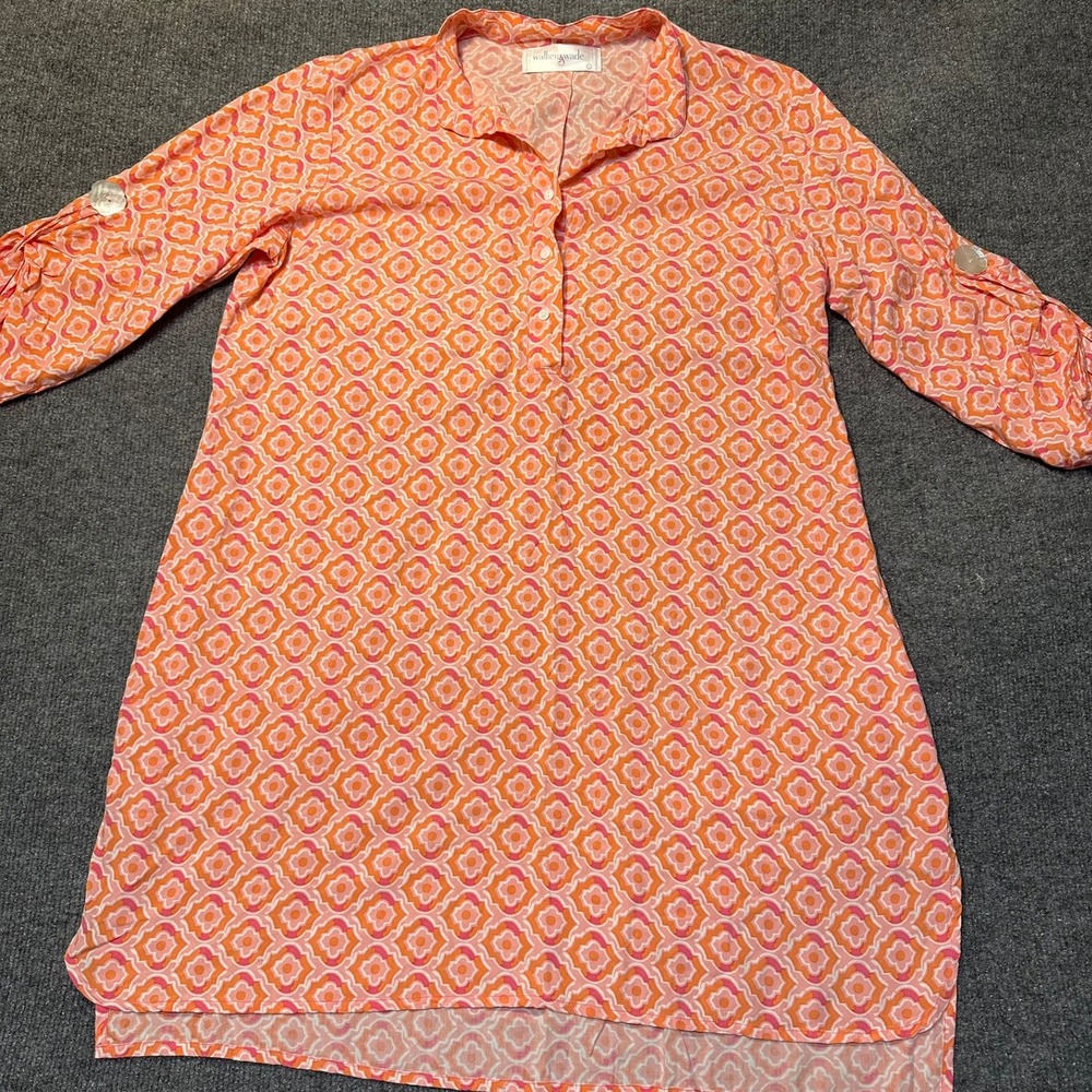 Walker & Wade Orange Pink Geometric Tunic Dress Roll Tab Sleeve Womens Large - Picture 1 of 10